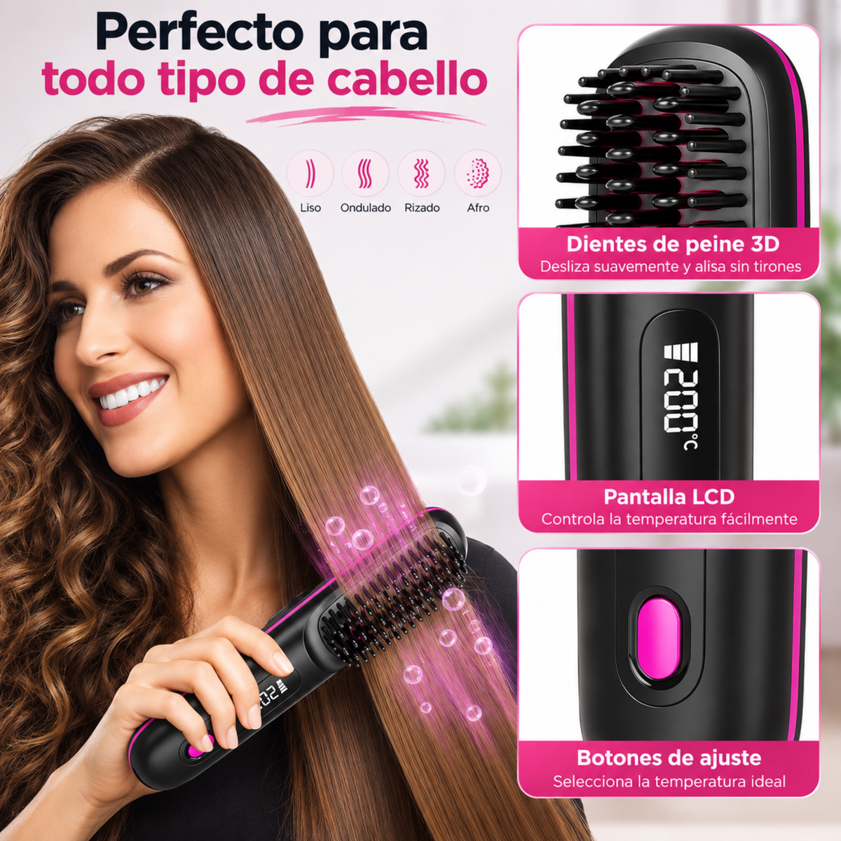 Cepillo alisador inalámbrico, portátil y recargable