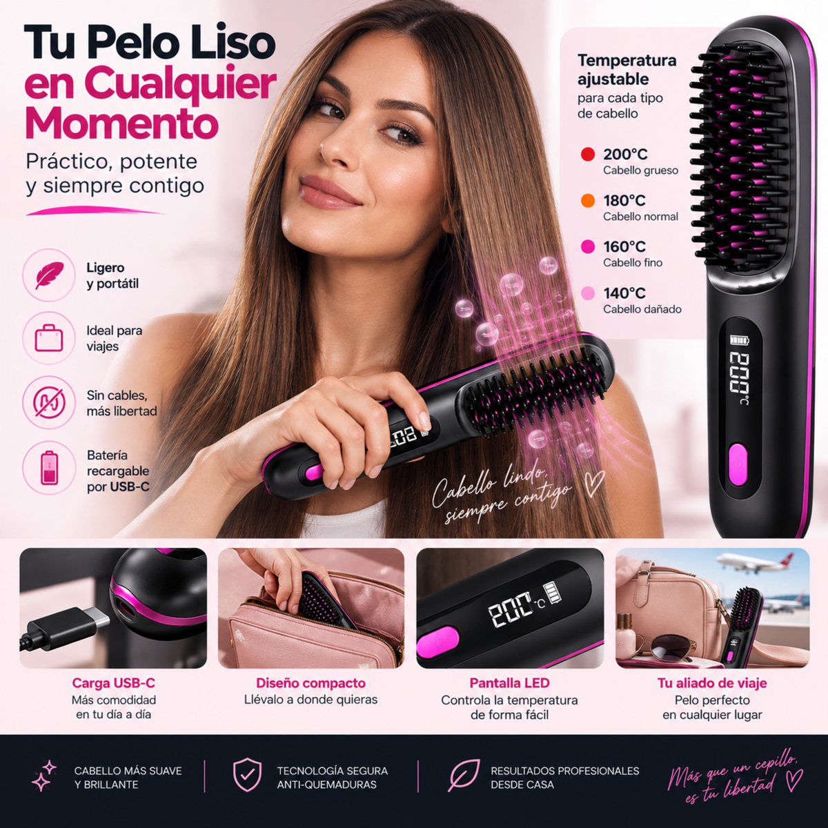 Cepillo alisador inalámbrico, portátil y recargable